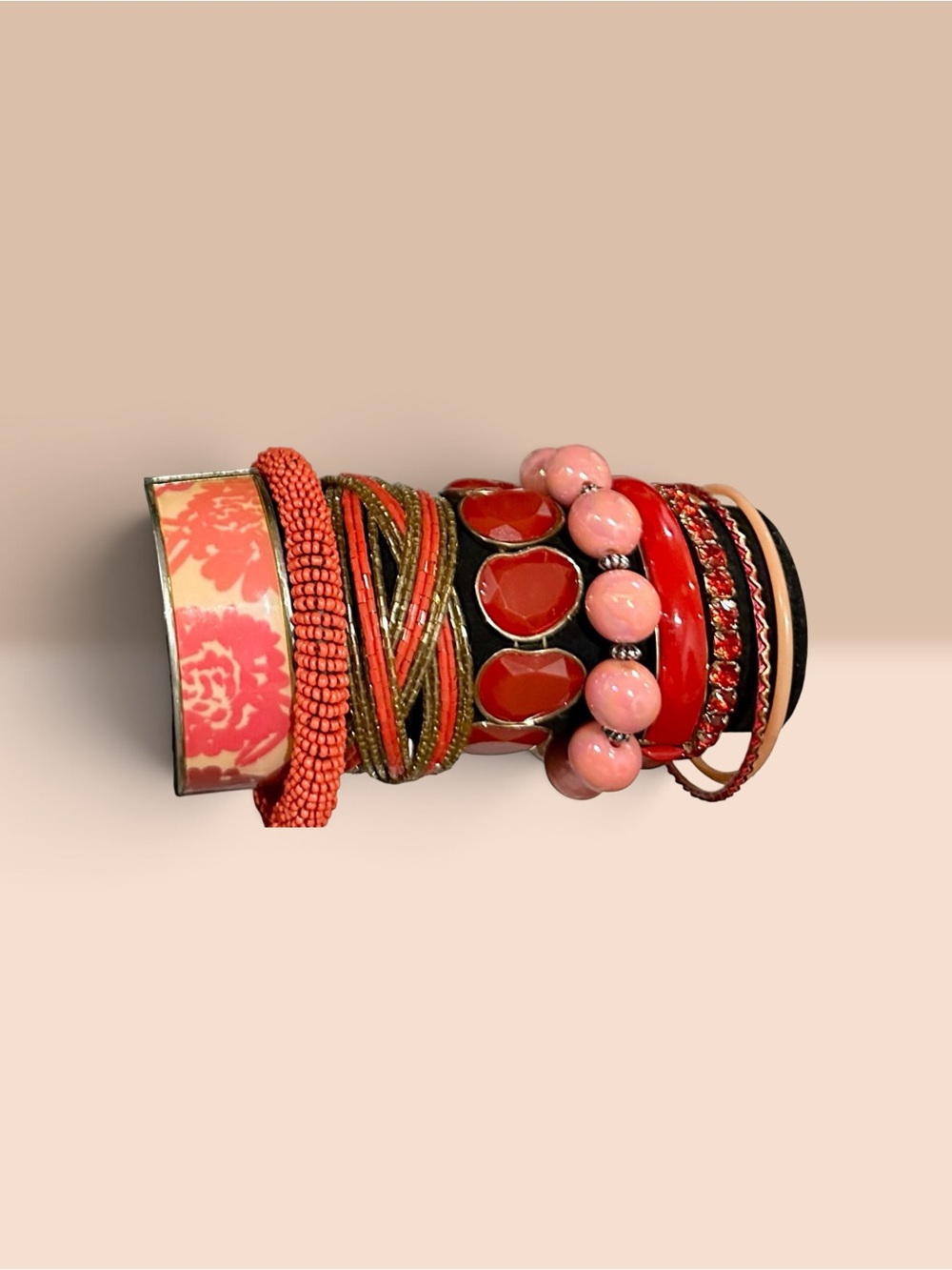 Boho Beaded Stackable Bracelet Set Red Coral Pink Floral Cuff Bangle Lot - Picture 2 of 8